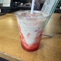 Strawberry milk (I chose mine with soy milk) - definitely gotta mix it   at Machino Donuts - Bloor St in Toronto