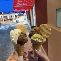 Vegan cones. On the right: dark chocolate and almond/orange. Left: pistachio and hazlenut.   at El Cucurucho Heladeria  - Es Castell in Menorca