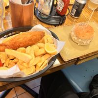 Fish and chips and lobster roll (all vegan)   at Sutton and Sons - Graham Rd in North London