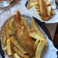 Banana blossom fish and chips and vegan battered sausage at Sutton and Sons - Graham Rd in North London