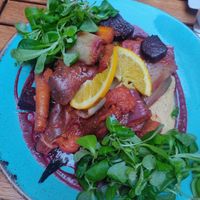 The roasted vegetable dish on a bed of hummus & mysterious but delicious sauce at Fig in Split