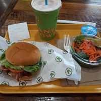 Pepper jack chicken bacon sandwich meal with side salad and strawberry shake at Plant Power Fast Food - SDSU in San Diego