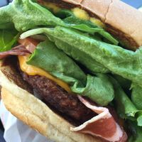 “Bacon” “cheese”burger. That bacon tho 👀😋So real it’s a little scary! at Plant Power Fast Food - SDSU in San Diego