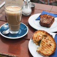 Grilled Panini, Bananabread, Oat Lattee  at Café Pavillon in Loerrach