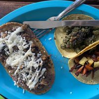 Huarache and two more tacos  at El Bajón Vegano in Tulum