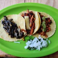 Carnitas, bistec and chorizo rojo at El Bajón Vegano in Tulum