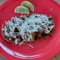 Jackfruit, beans and vegan chees at El Bajón Vegano in Tulum