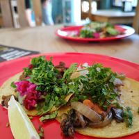 Soya chunks and shiitake & onion tacos at El Bajón Vegano in Tulum