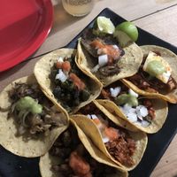 Tacos for 25pesos each, salsa and onions and lime to take on your own.  at El Bajón Vegano in Tulum