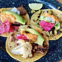 mixed vegan tacos  at El Bajón Vegano in Tulum