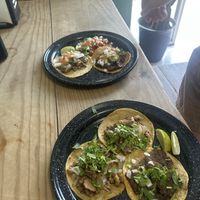 upper plate from left to right: bistec 11/10, chorizo rojo 7/10, pastor 8/10, other plate: bistec and milanesa 8/10  at El Bajón Vegano in Tulum