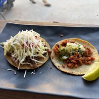 Tostado on the left taco on the right   at El Bajón Vegano in Tulum