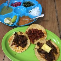 Chorizo rojo, yaquita pibil, and the pastor at El Bajón Vegano in Tulum