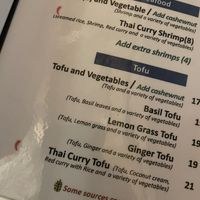 Tofu menu  at Saigon Thai in Moncton