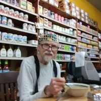 This is John, who has been running Oh Happy Days since he retired from teaching. He cooks the amazing vegan, organic food from scratch and is also an expert in herbal medicine. at Oh Happy Days Vegan Cafe in Altadena