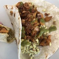 Vegan tofu scramble tacos with coconut bacon and salsa at Harvest on 25th in Waco