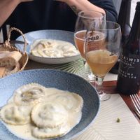 Panzerotti pasta with plant based gorgonzola sauce at Grop in Lescala