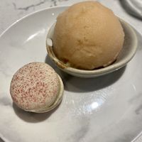 Macaron with blood orange sorbet  at Rozey in Rotterdam