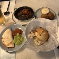 From top left to bottom right: melanzane (not vegan!), seaweed “bitterballen”, quesadilla, pulled jackfruit burger    at Rozey in Rotterdam