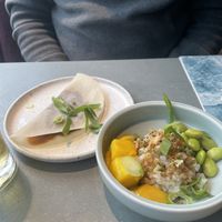 Oyster mushroom pancake and sushi bowl  at Rozey in Rotterdam