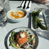 Cauliflower soup, green asparagus, steak tartare   at Rozey in Rotterdam