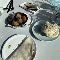 Potatoes, pak choi, Rozey burger, oyster mushroom pancake  at Rozey in Rotterdam