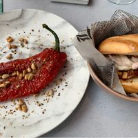 Jackfruit burger and roasted pepper  at Rozey in Rotterdam