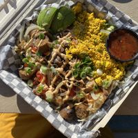 Vegan skillet with bratwurst  at Ideal Cafe in Campbell River