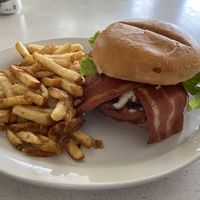 Vegan bac’n cheeze burger  at Ideal Cafe in Campbell River