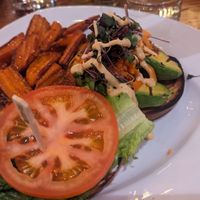 Avocado burger with sweet potato fries (be sure to order fries without honey) at The Gate House in Rochester