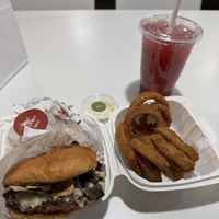 Swiss mushroom burger, onion rings and pomegranate green tea   at Daily Veg in Wilmington