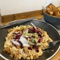 Hummus bowl, with crispy chickpeas and proper chips  at Urban Angel in Edinburgh