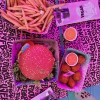 French fries with Chedda Cheeze dip, Daddy burger, Mac & Cheeze Betterballs  at Vegan Junk Food Bar  - Rotterdam in Rotterdam