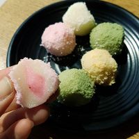 Rice cakes (tteok 떡) coated with spongecake crumbs and various fillings, e.g. bean paste, strawberry cream, ricotta cheese at HanCook - 한쿡 in Seoul
