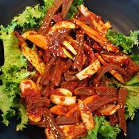 Acorn jelly salad (dotori muk muchim 도도리묵무침) is vegan. at HanCook - 한쿡 in Seoul