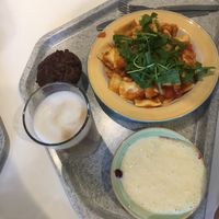 vegan tortellini with vegan chocolate muffin, a sweet vegan dessert and vegan cappuccino  at Mensa Veggie 2.0 - Die tiefgrüne Mensa in Berlin