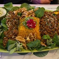 Couscous with lentils, baked tofu, nuts, grilled Zucchine and home made vegan souce at Sanissimo - Gran Via in Madrid