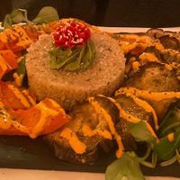 Quinoa with baked pumpkin and eggplant and home made vegan souce at Sanissimo - Gran Via in Madrid