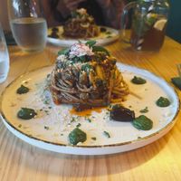 Mimos version of a puttanesca pasta - brown rice pasta, homemade parmesan and basil cream - absolutely gorgeous  at MIMO in Malaga