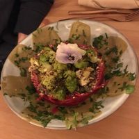 ‘Pinketti’ beetroot spaghetti with creamy cashew sauce, seeds, roasted broccoli and homemade Parmesan  at MIMO in Malaga