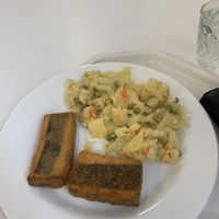 Tofu with seaweed, potato salad at Veggie Bar in Brno