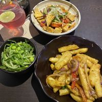 Salt and chilli tofu, lychee cosmopolitan, seaweed and edamame salad, salt and chilli chips  at Suissi Vegan Kitchen  in Glasgow