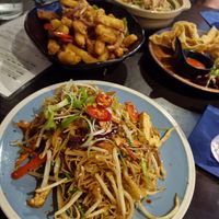 Singapore noodles, salt and pepper chips and vegetable wontons at Suissi Vegan Kitchen  in Glasgow