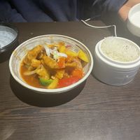 Sweet + sour King Trumpet Mushrooms with jasmine rice  at Suissi Vegan Kitchen  in Glasgow