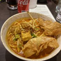 laksa with ramen noodles and crispy wontons  at Suissi Vegan Kitchen  in Glasgow