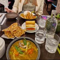 Top to Bottom: Katsu curry; Spring rolls; Lotus crisps; Mixed veg curry at Suissi Vegan Kitchen  in Glasgow