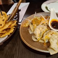 Gyozas and lotus root chips at Suissi Vegan Kitchen  in Glasgow