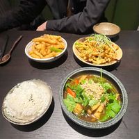 Salt & Chili Chips (top left), Salt & Chili Beech Mushrooms (top right), Jasmine Rice (bottom left) &  at Suissi Vegan Kitchen  in Glasgow