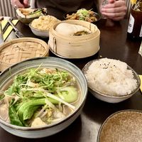 We had the tempeh bao, kung po mushroom, and tsing tong soup with yellow noodles  at Suissi Vegan Kitchen  in Glasgow