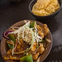 Kung po mushrooms and rainbow rice at Suissi Vegan Kitchen  in Glasgow